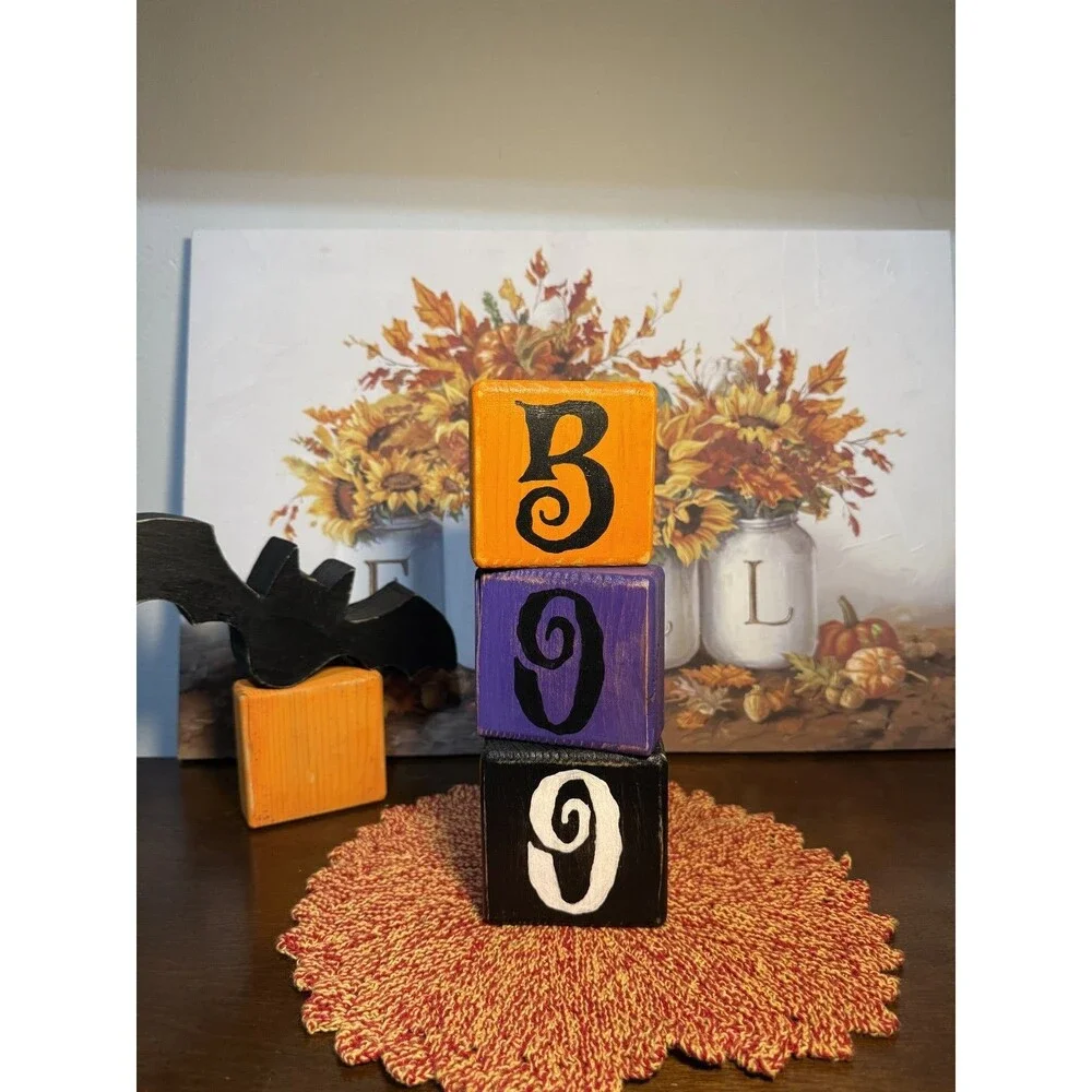 Halloween Decor BOO Wooden Block Handmade Set Primitive Farmhouse Tiered Rustic
